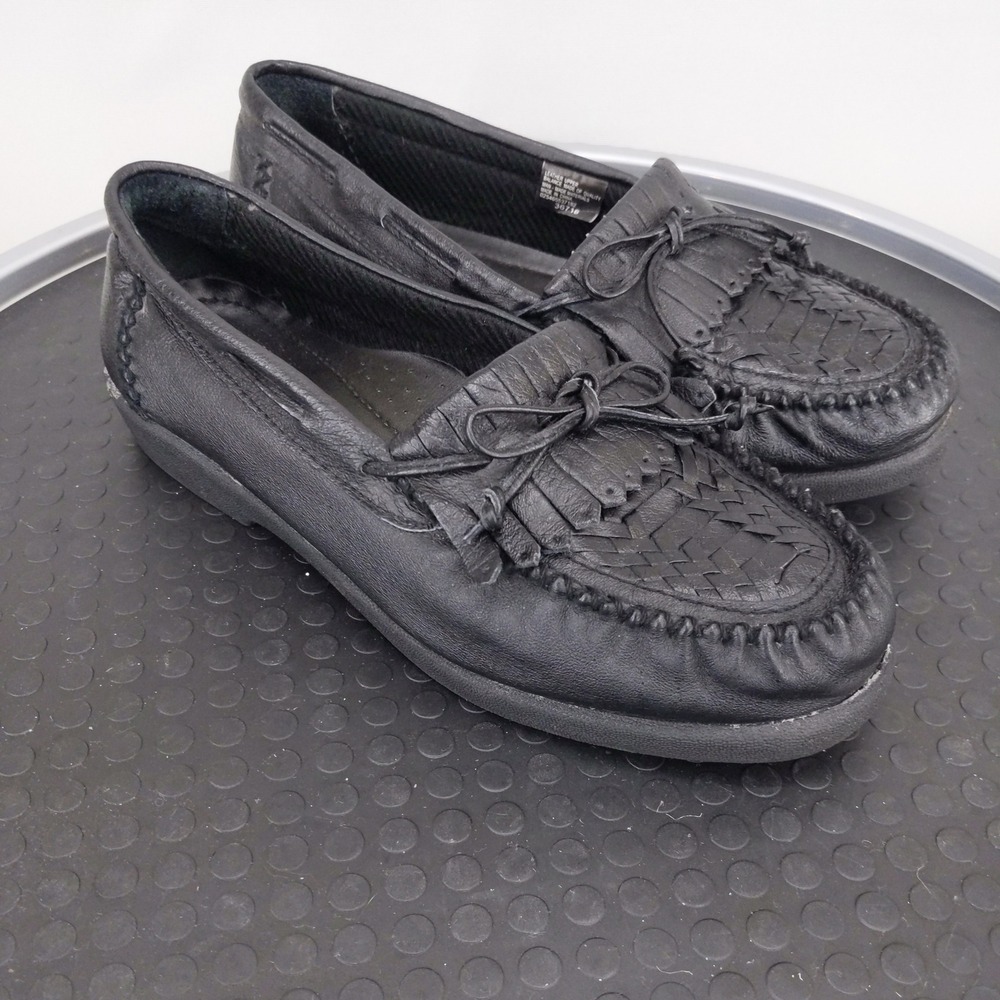 Walkables Soft Spots Moccasins Black Leather Woven Kiltie Bow Loafers 7.5W 36716